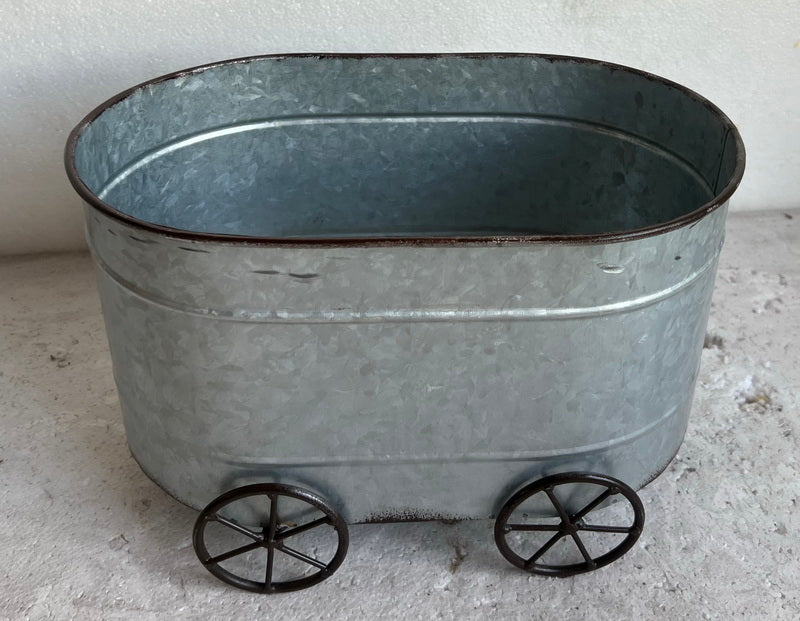 Metal Tin Planter w/Wheel Garden Flower Pot Basket Container